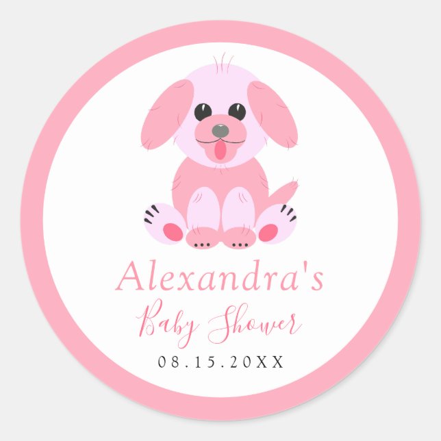 Baby Girl Shower Pink Personalized Puppy Classic Round Sticker (Front)