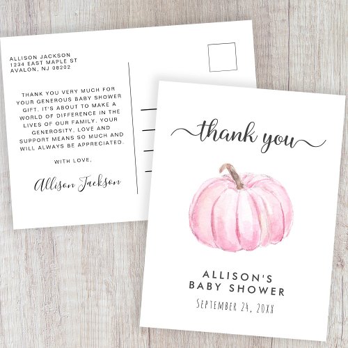 Baby Girl Shower Pink Pumpkin Thank You Postcard