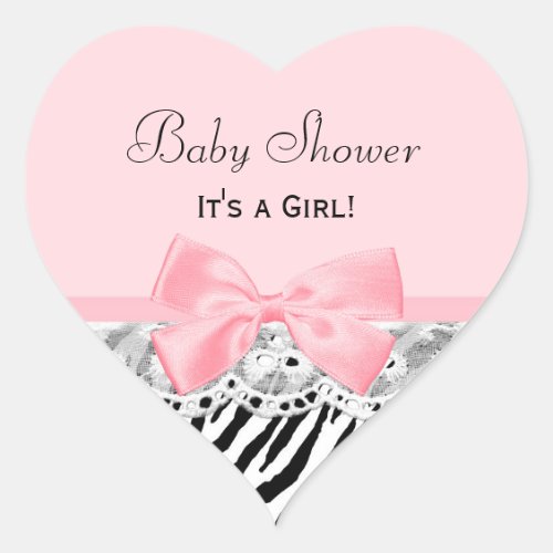 Baby Girl Shower Pink Ribbon and Lace Zebra Print Heart Sticker