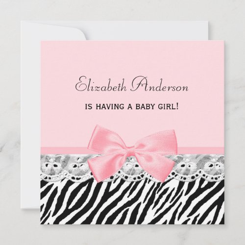 Baby Girl Shower Pink Ribbon and Lace Zebra Print Invitation