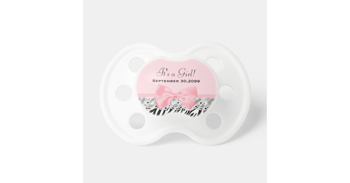 Baby Girl Shower Pink Ribbon and Lace Zebra Print Pacifier | Zazzle