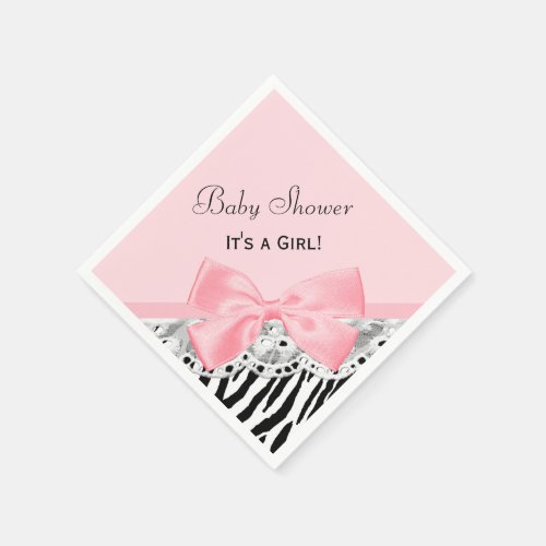 Baby Girl Shower Pink Ribbon and Lace Zebra Print Paper Napkins