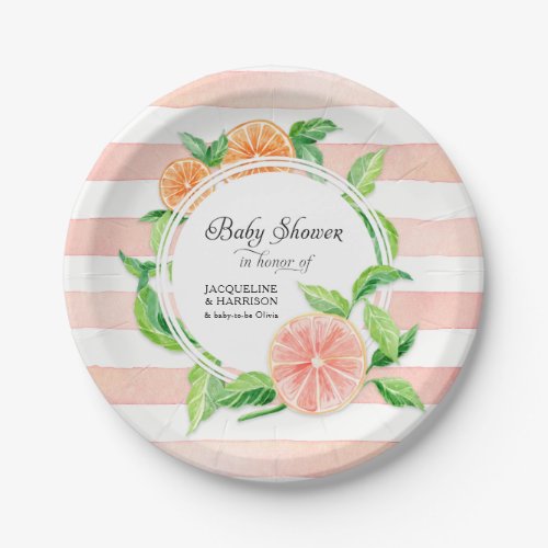 Baby Girl Shower Pink Striped Citrus Orange Art Paper Plates