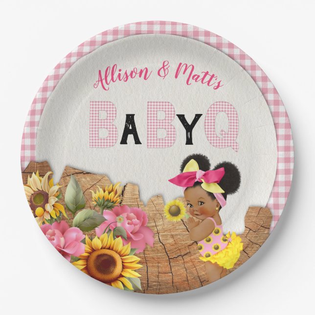 Baby Girl Shower Pink Sunflower Baby Q Barbeque Paper Plates (Front)