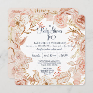Baby Girl Shower Pink Watercolor Floral Foliage Invitation