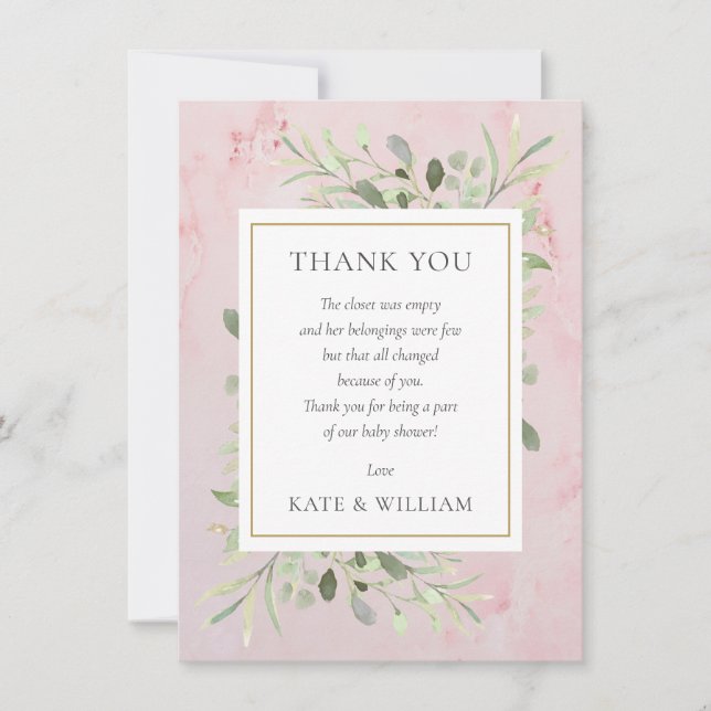 Baby Girl Shower Poem Spring Leaves Greenery Pink Thank You Card (Front)