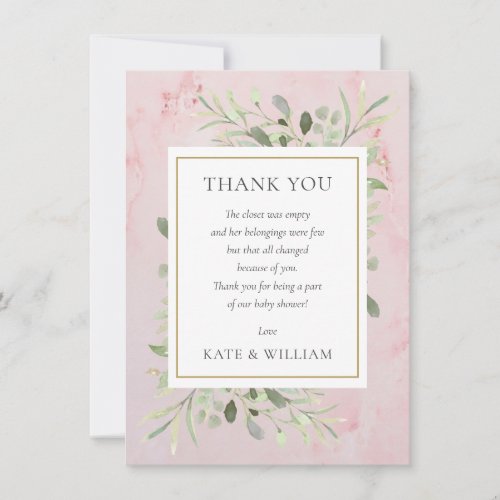 Baby Girl Shower Poem Spring Leaves Greenery Pink Thank You Card