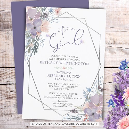 Baby Girl Shower Purple Floral ITS A GIRL Invitation
