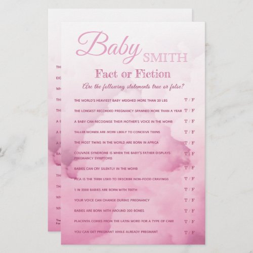Baby Girl Shower Quiz Fact or Fiction Trivia game