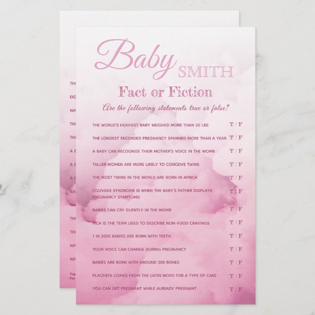 Baby Girl Shower Quiz Fact or Fiction Trivia game (Front/Back)