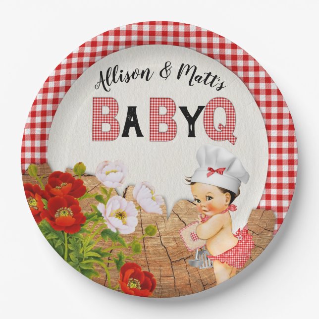 Baby Girl Shower Red Gingham Baby Q Barbeque Paper Plates (Front)