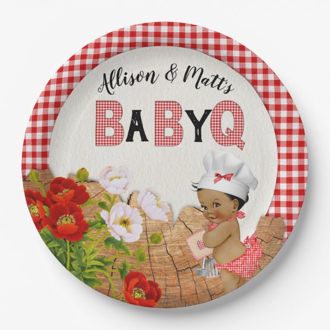 Baby Girl Shower Red Gingham Baby Q Barbeque Paper Plates (Front)