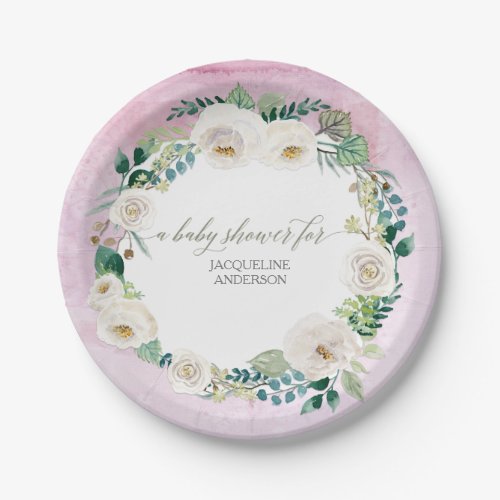 Baby Girl Shower Rustic Wreath Lavender White Rose Paper Plates
