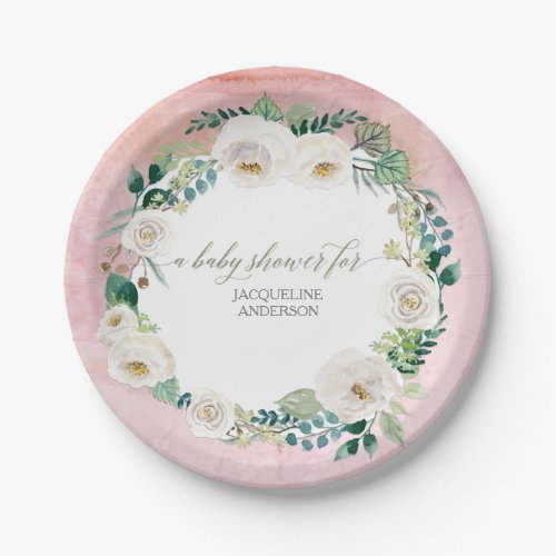 Baby Girl Shower Rustic Wreath Pink w White Roses Paper Plates