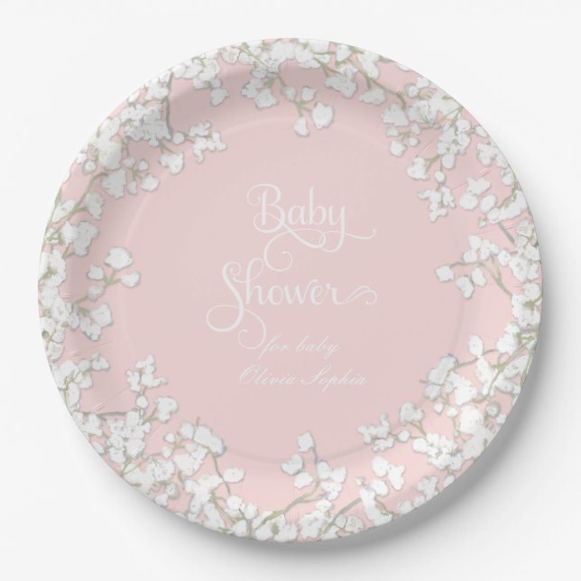 Baby Girl Shower Script Baby's Breath Wreath Paper Plates (Front)