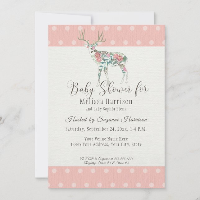 Baby Girl Shower Simple Modern Rose Deer Antlers Invitation (Front)
