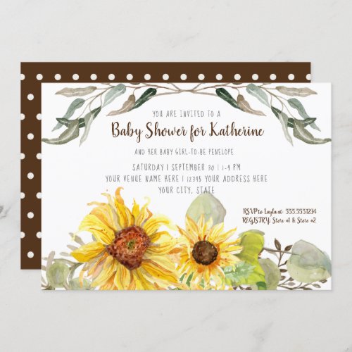 Baby Girl Shower Sunflower Eucalyptus Leaf Foliage Invitation