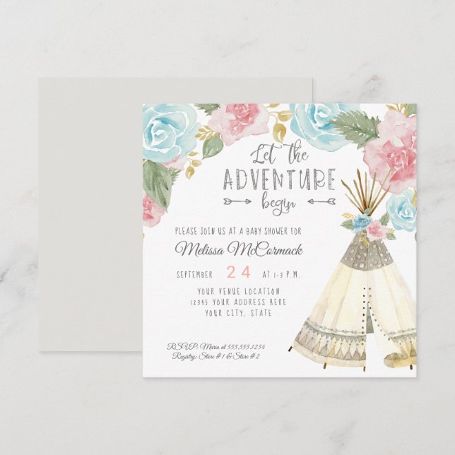 Baby Girl Shower Teepee Gray Adventure Begin Arrow Invitation (Front/Back)