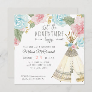 Baby Girl Shower Teepee Gray Adventure Begin Arrow Invitation
