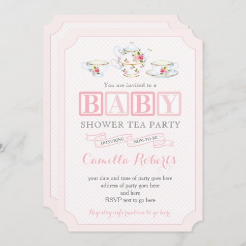 Baby Girl Shower Vintage Tea Party Pink and Gray Invitation