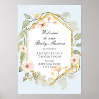 Baby Girl Shower Welcome Dusty Blue Fall Floral Poster