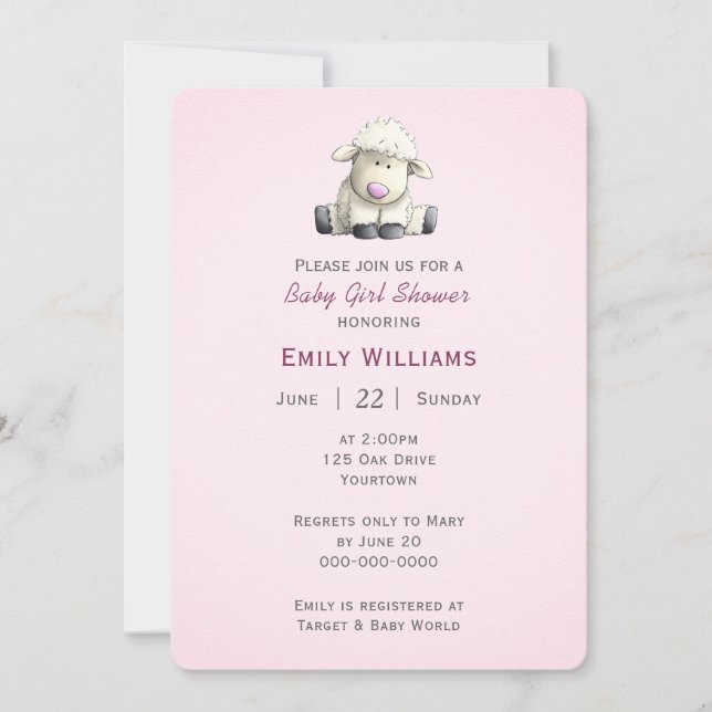 Baby Girl Shower With Lamb Invitation (Front)