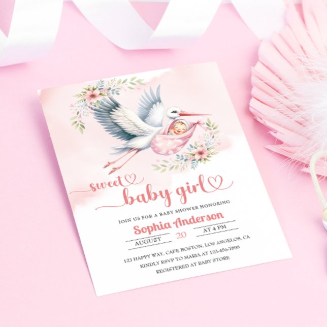 Baby Girl Shower with Stork Illustration – Elegant Invitation (Creator Uploaded)