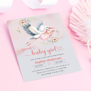 Baby Girl Shower with Stork Illustration – Elegant Invitation