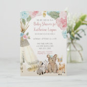 Baby Girl Shower Woodland Animal Floral Teepee Invitation (Standing Front)