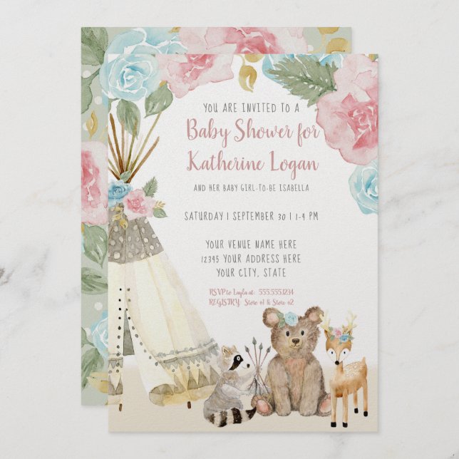 Baby Girl Shower Woodland Animal Floral Teepee Invitation (Front/Back)