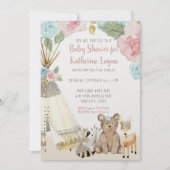 Baby Girl Shower Woodland Animal Floral Teepee Invitation (Front)