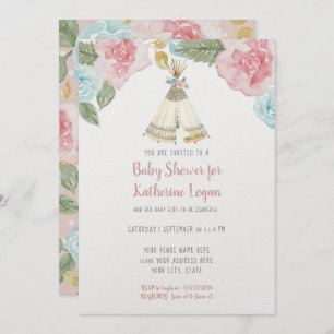 Baby Girl Shower Woodland Animal Floral Watercolor Invitation