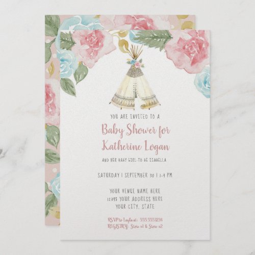 Baby Girl Shower Woodland Animal Floral Watercolor Invitation