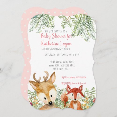 Baby Girl Shower Woodland Animals Boho Deer n Fox Invitation