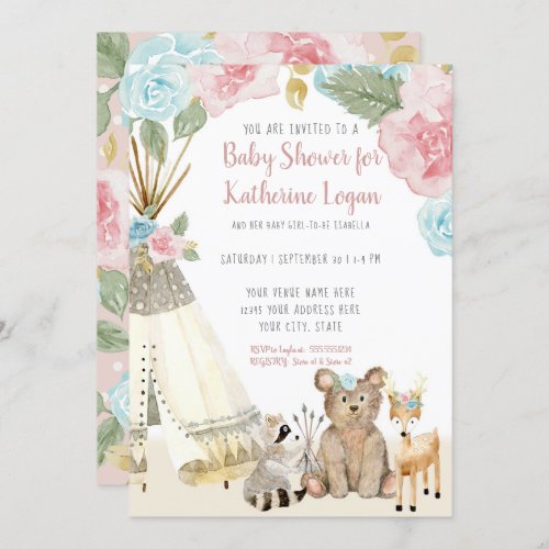 Baby Girl Shower Woodland Bear Deer Floral Teepee Invitation