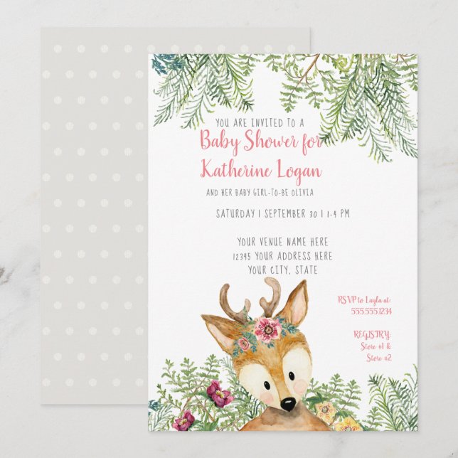 Baby Girl Shower Woodland Forest Gray Deer Floral Invitation (Front/Back)
