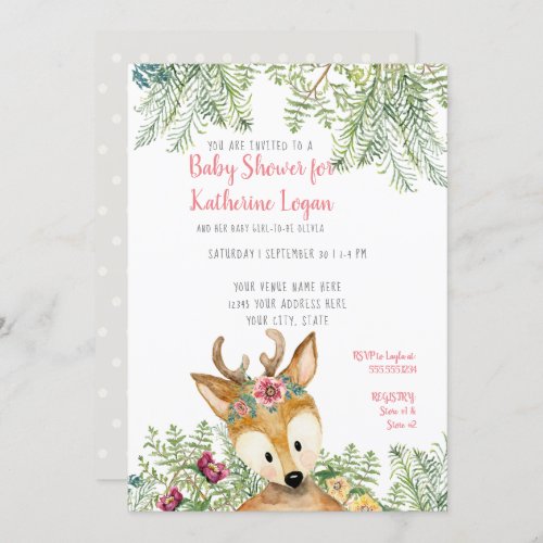 Baby Girl Shower Woodland Forest Gray Deer Floral Invitation