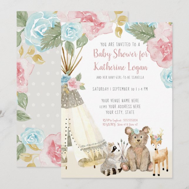 Baby Girl Shower Woodland Gray Deer Floral Teepee Invitation (Front/Back)
