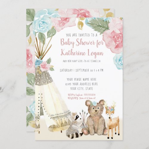 Baby Girl Shower Woodland Gray Deer Floral Teepee Invitation