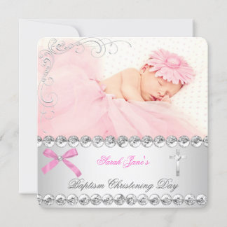 Baby Girl Silver Pink Christening Baptism Cross Announcement