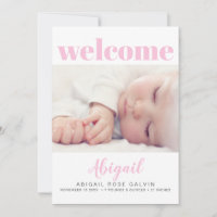 Baby Girl Simple Modern Multi Photo Pink Birth Announcement