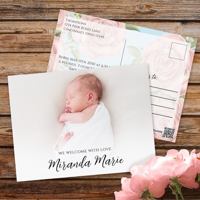 Baby Girl Simple Overlay Text Newborn Photo Floral Postcard (Creator Uploaded)