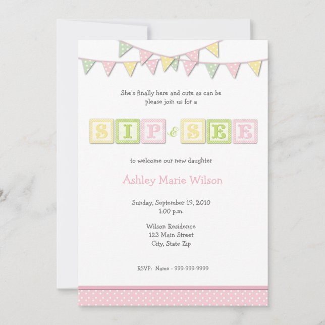 Baby Girl Sip and See Invitation (Front)