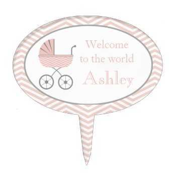 Baby Girl Sip And See Pink Chevron Cake Topper by maternity_tees at Zazzle