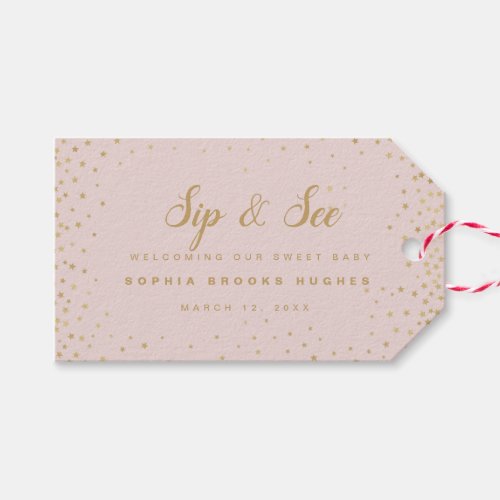 Baby Girl Sip N See Pink  Gold Stars Favor Tags
