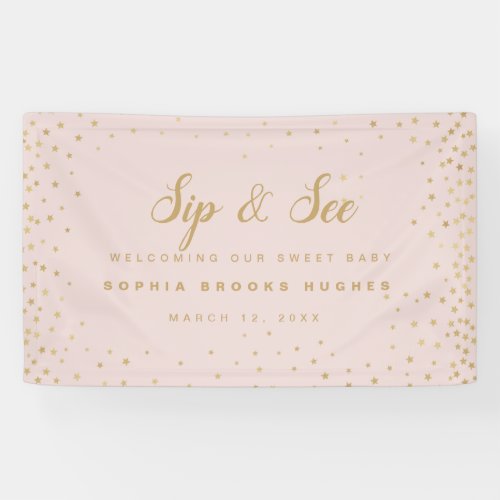 Baby Girl Sip N See Soft Pink  Gold Stars Welcome Banner