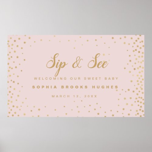 Baby Girl Sip N See Soft Pink  Gold Stars Welcome Poster