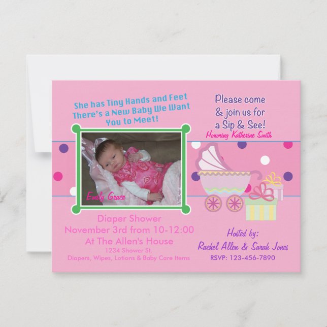 Baby Girl Sip & See Shower Invitation (Front)