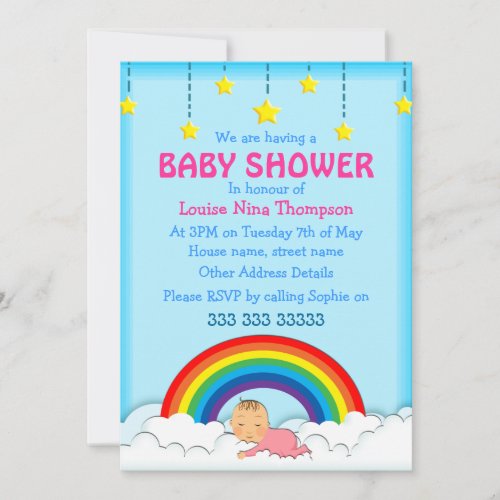 Baby girl sleeping under a Rainbow Baby Shower Invitation
