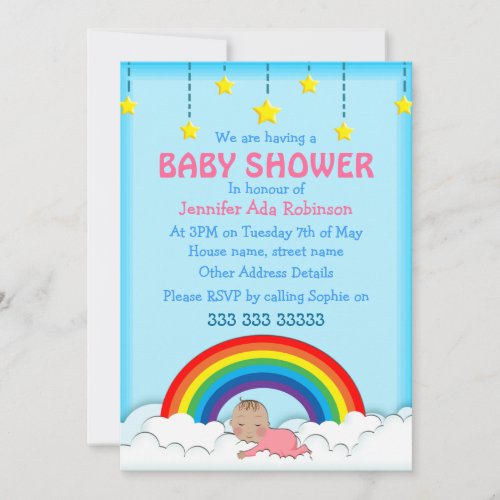 Baby Girl sleeping under a Rainbow Baby shower Invitation